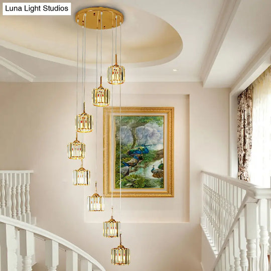 Modern Gold Ceiling Light With Crystal Mini Drum Pendant 8 Bulbs Spiral Design