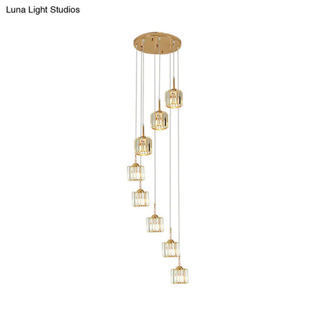 Modern Gold Crystal Mini Drum Pendant Light With Spiral Design - 8 Bulbs
