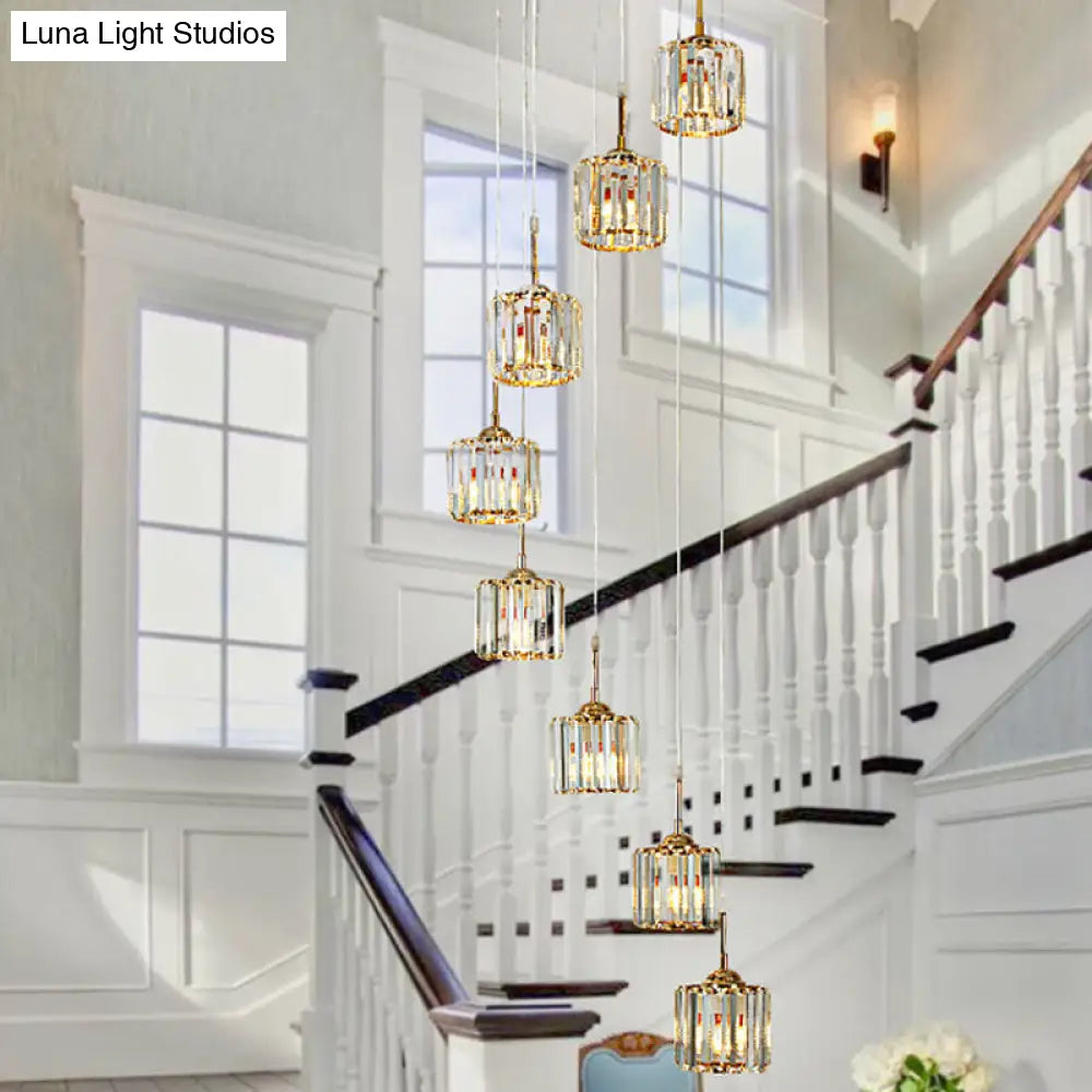 Modern Gold Ceiling Light With Crystal Mini Drum Pendant 8 Bulbs Spiral Design