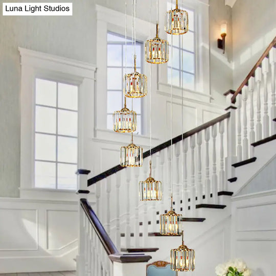 Modern Gold Ceiling Light With Crystal Mini Drum Pendant 8 Bulbs Spiral Design