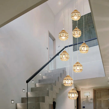 Modern Gold Crystal Pendant Light Cluster With 8 Lights For Stair - Meteor Shower Inspired Hanging