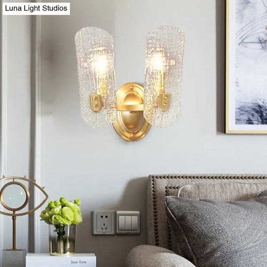 Modern Gold Curved Wall Mount Sconce With Clear Water Glass - 1/2 Lights For Living Room