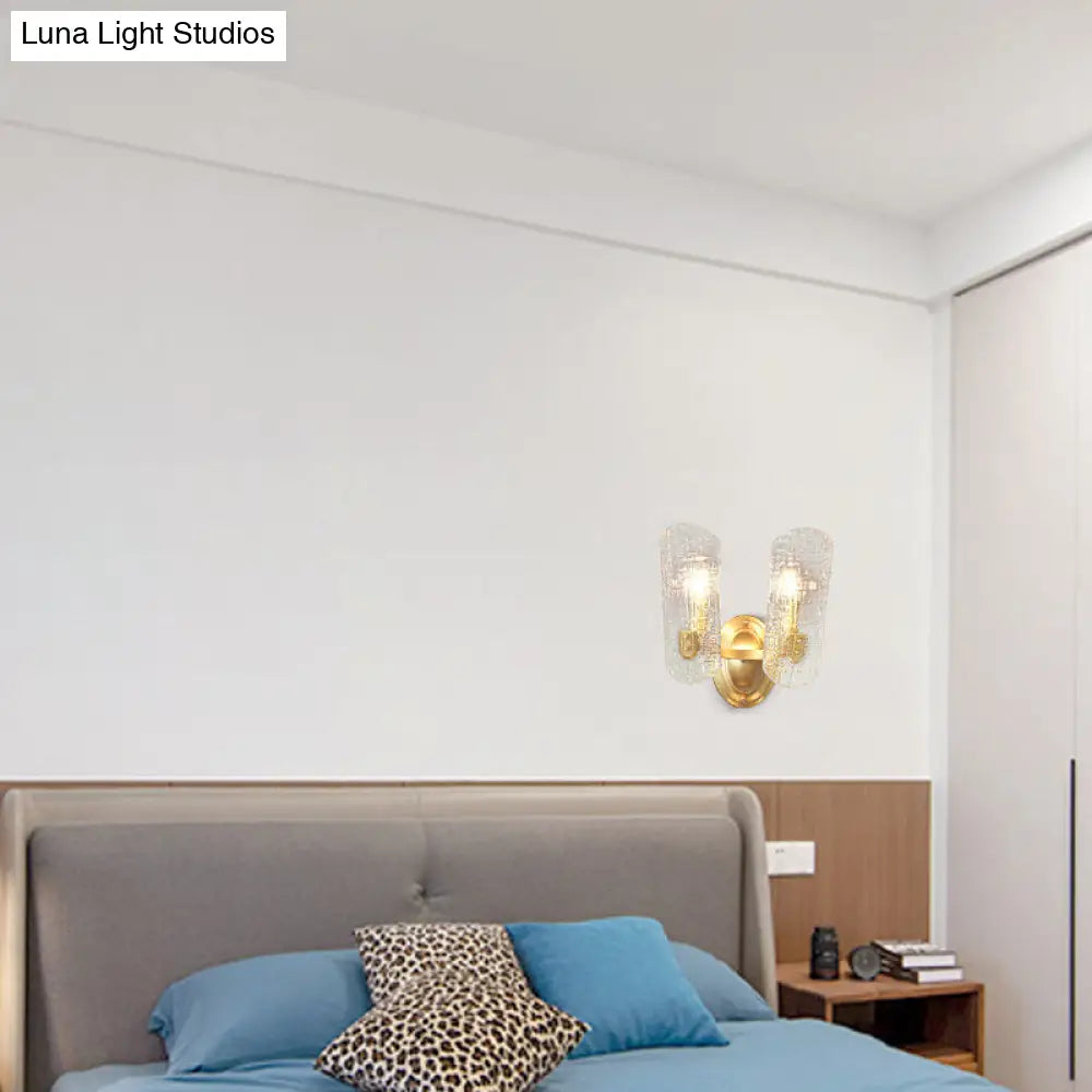 Modern Gold Curved Wall Mount Sconce With Clear Water Glass - 1/2 Lights For Living Room