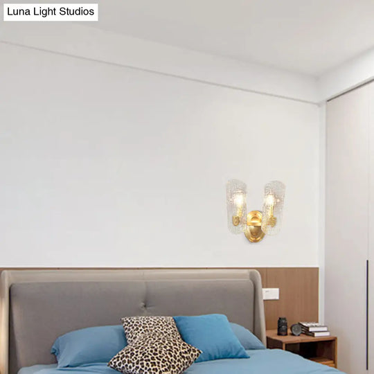 Modern Gold Curved Wall Mount Sconce With Clear Water Glass - 1/2 Lights For Living Room