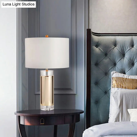 Modern Gold Cylinder Nightstand Lamp With Fabric Shade - Ideal For Reading And Ambiance