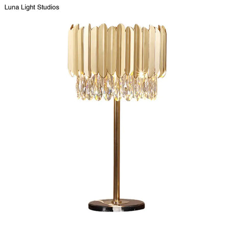 Modern Gold Cylindrical Table Lamp With Faceted Crystal - Small Desk Light 1 Head