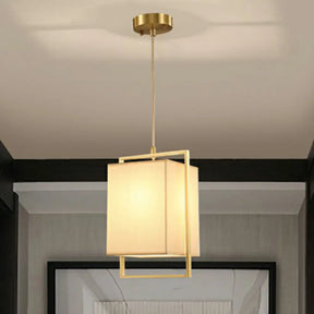 Modern Gold Drop Pendant Light With Rectangular Fabric Shade For Bedroom