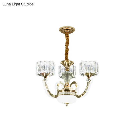 Modern Gold Drum Chandelier With Crystal Blocks - 3/5 Lights Led For Living Room