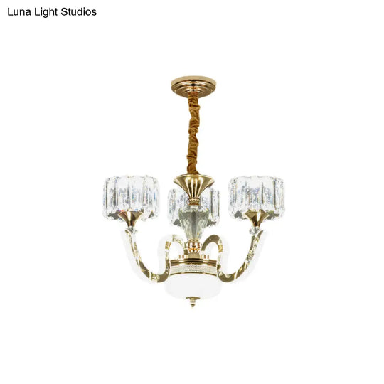 Modern Gold Drum Chandelier With Crystal Blocks - 3/5 Lights Led For Living Room