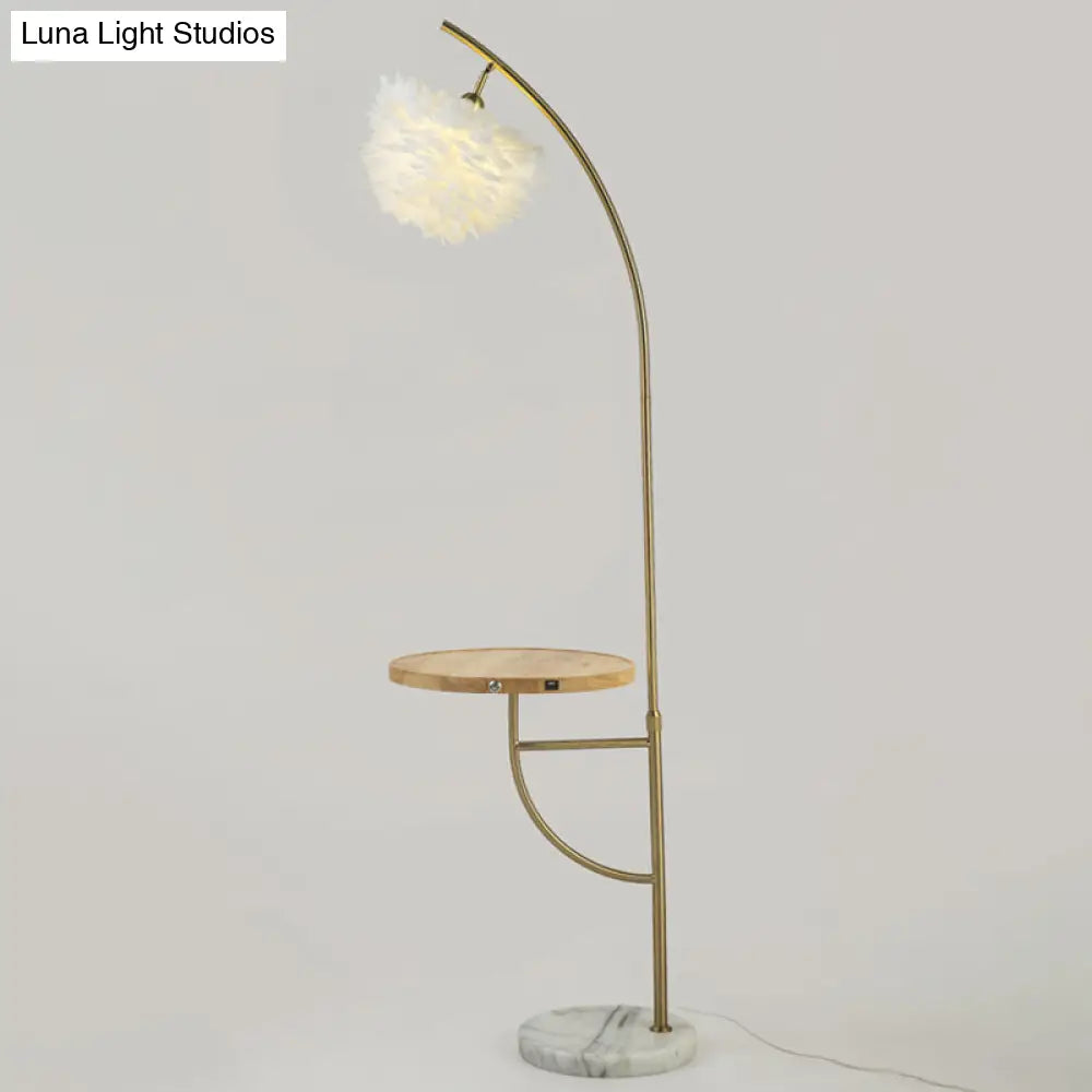 Modern Gold Feather Hemisphere Shade Floor Lamp With Wooden Tray - 1 Bulb Standing Light