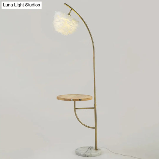 Modern Gold Feather Hemisphere Shade Floor Lamp With Wooden Tray - 1 Bulb Standing Light