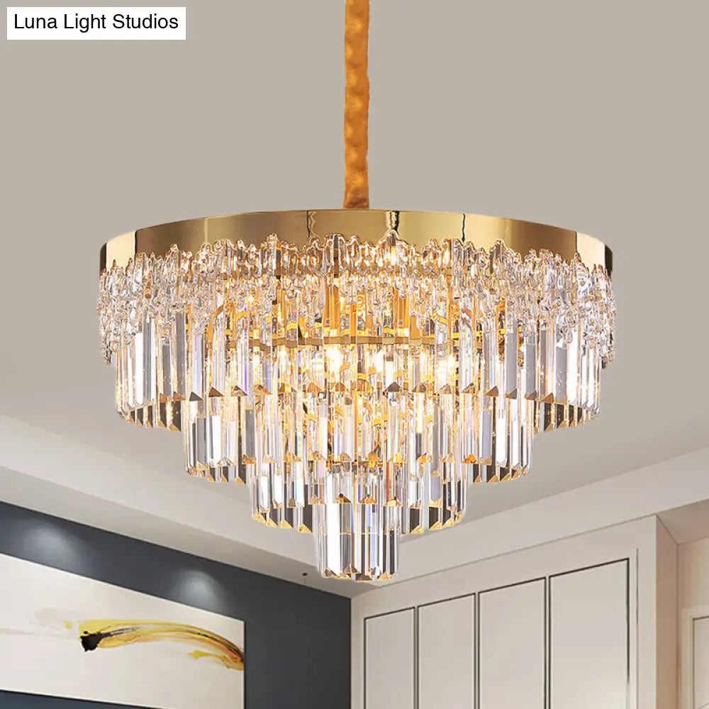 Modern Gold Finish Chandelier With 6/10 Bulbs Clear Crystal Blocks & Tapered Suspension - 19/23.5