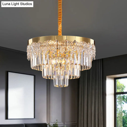 Modern Gold Finish Chandelier With 6/10 Bulbs Clear Crystal Blocks & Tapered Suspension - 19/23.5