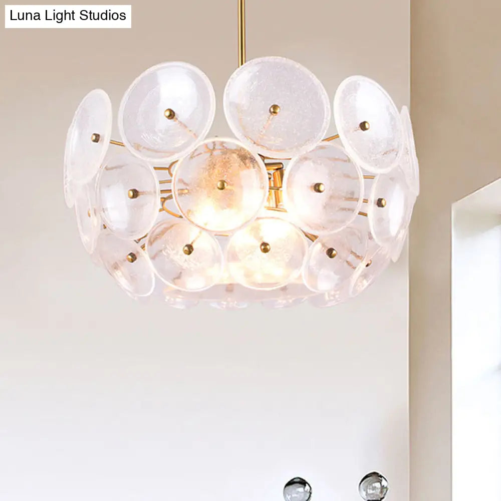 Modern Gold Finish Hanging Chandelier With Clear Glass Discs Triple Light Pendant Lamp