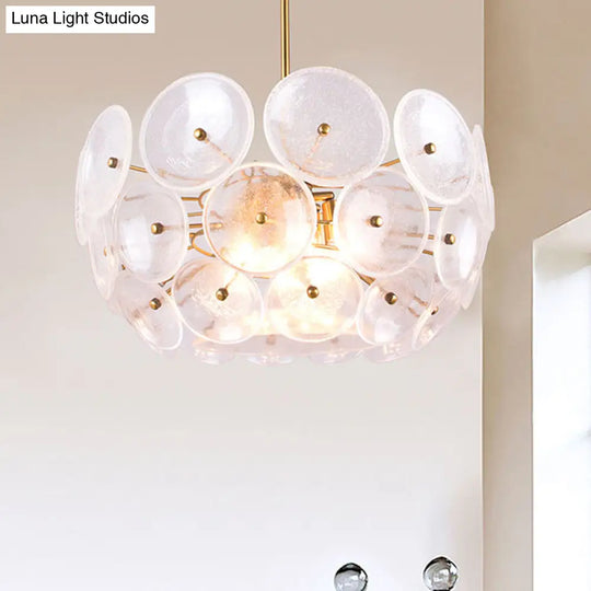 Modern Gold Finish Hanging Chandelier With Clear Glass Discs Triple Light Pendant Lamp