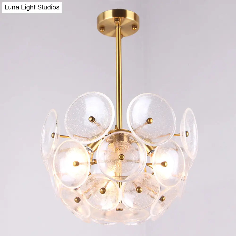 Modern Gold Finish Hanging Chandelier With Clear Glass Discs Triple Light Pendant Lamp