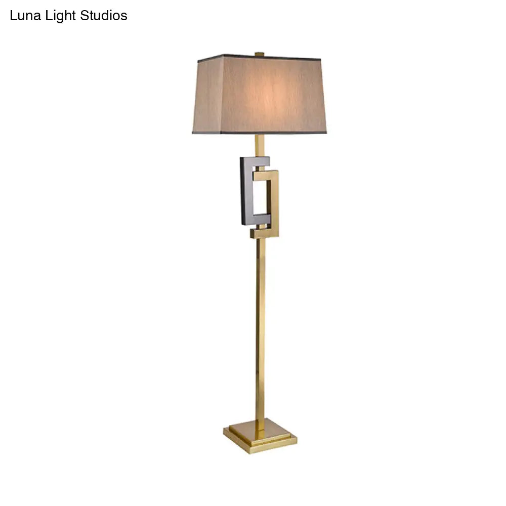 Modern Gold Finish Rectangle Floor Lamp With Single Brown Fabric Shade