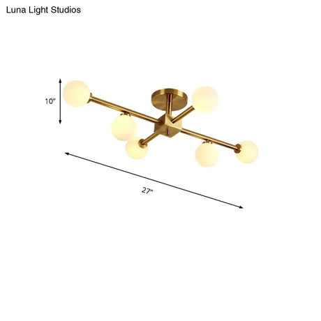 Modern Gold Finish Semi Flushmount Ceiling Lamp For Study Room - Modo Metal Milk Glass Light
