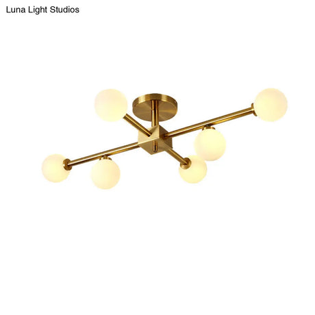 Modern Gold Finish Semi Flushmount Ceiling Lamp For Study Room - Modo Metal Milk Glass Light