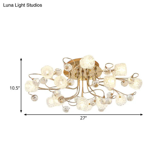 Modern Gold Flowerbud Ceiling Lamp With Bubble Glass - 13-Light Semi Flush Chandelier