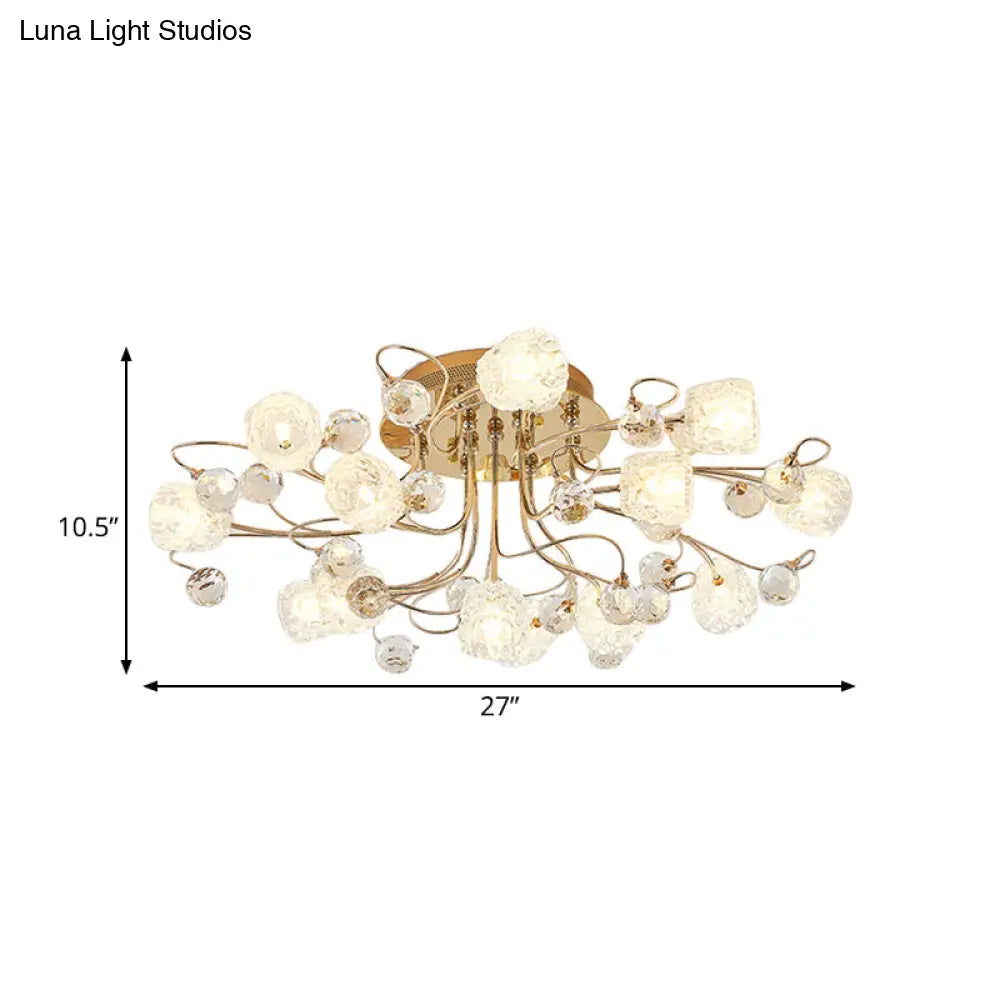 Modern Gold Flowerbud Ceiling Lamp With Bubble Glass - 13 - Light Semi Flush Chandelier