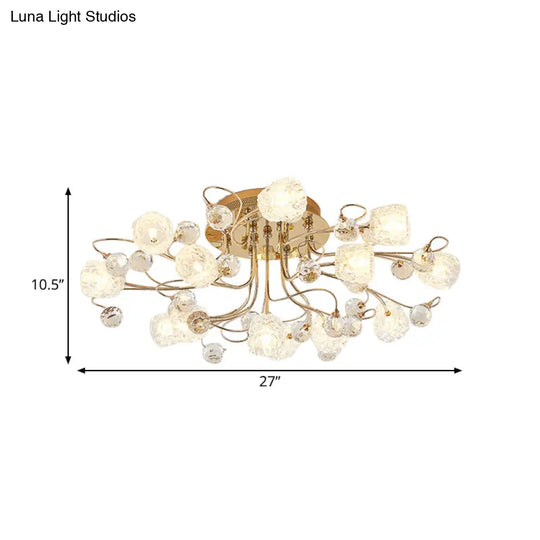 Modern Gold Flowerbud Ceiling Lamp With Bubble Glass - 13 - Light Semi Flush Chandelier