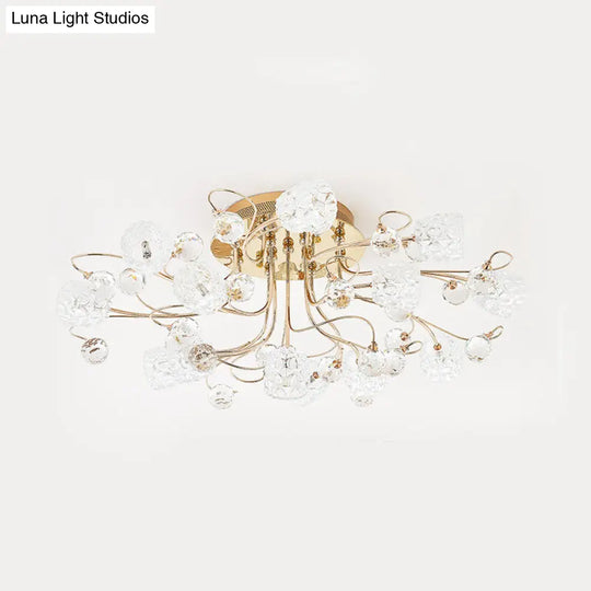 Modern Gold Flowerbud Ceiling Lamp With Bubble Glass - 13-Light Semi Flush Chandelier