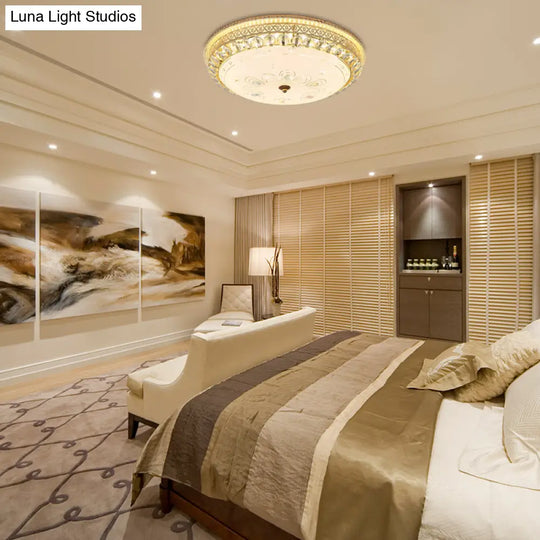 Modern Gold Flush Mount Ceiling Light With Opal Glass Led And Crystal Accent - 16’/19.5’ W