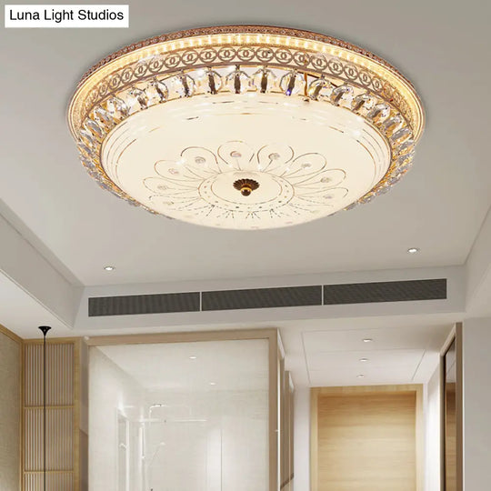 Modern Gold Flush Mount Ceiling Light With Opal Glass Led And Crystal Accent - 16/19.5 W Round For