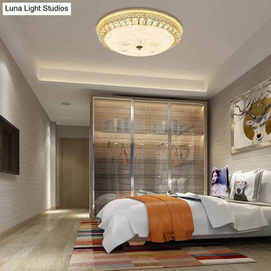 Modern Gold Flush Mount Ceiling Light With Opal Glass Led And Crystal Accent - 16/19.5 W Round For