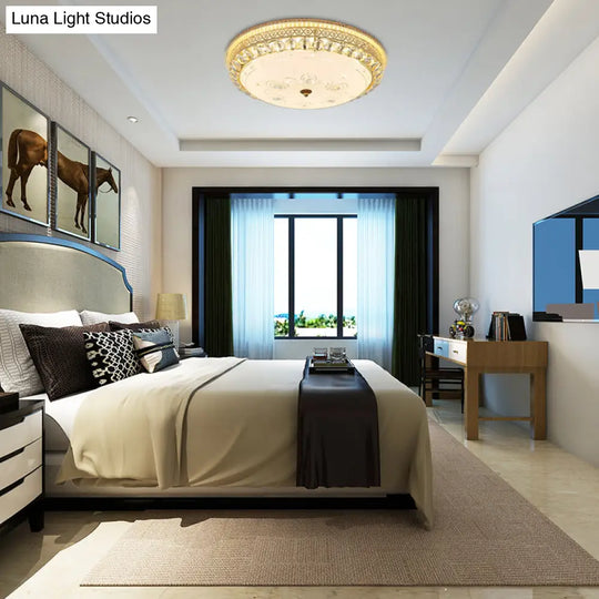 Modern Gold Flush Mount Ceiling Light With Opal Glass Led And Crystal Accent - 16/19.5 W Round For