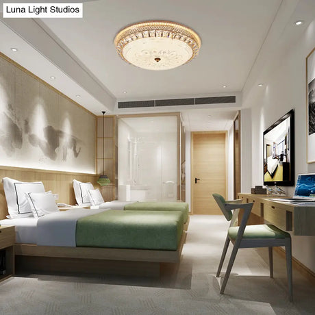 Modern Gold Flush Mount Ceiling Light With Opal Glass Led And Crystal Accent - 16’/19.5’ W
