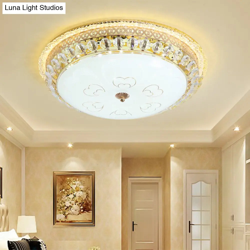 Modern Gold Flush Mount Ceiling Light With Opal Glass Led And Crystal Accent - 16/19.5 W Round For