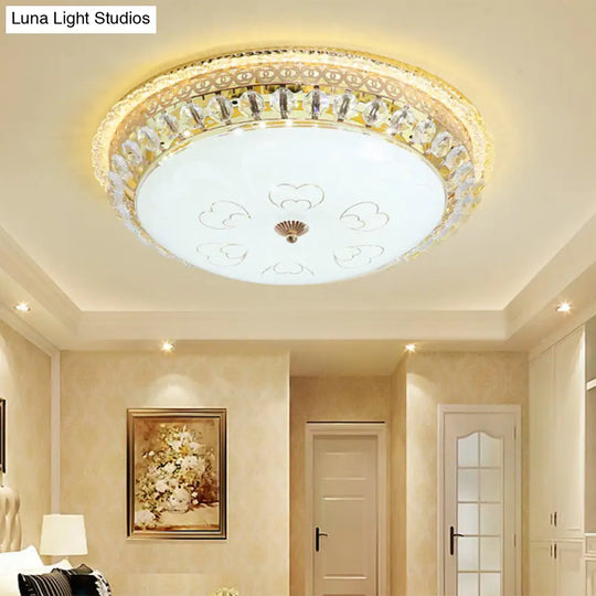 Modern Gold Flush Mount Ceiling Light With Opal Glass Led And Crystal Accent - 16/19.5 W Round For