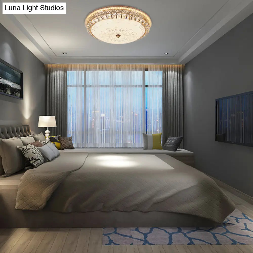 Modern Gold Flush Mount Ceiling Light With Opal Glass Led And Crystal Accent - 16’/19.5’ W