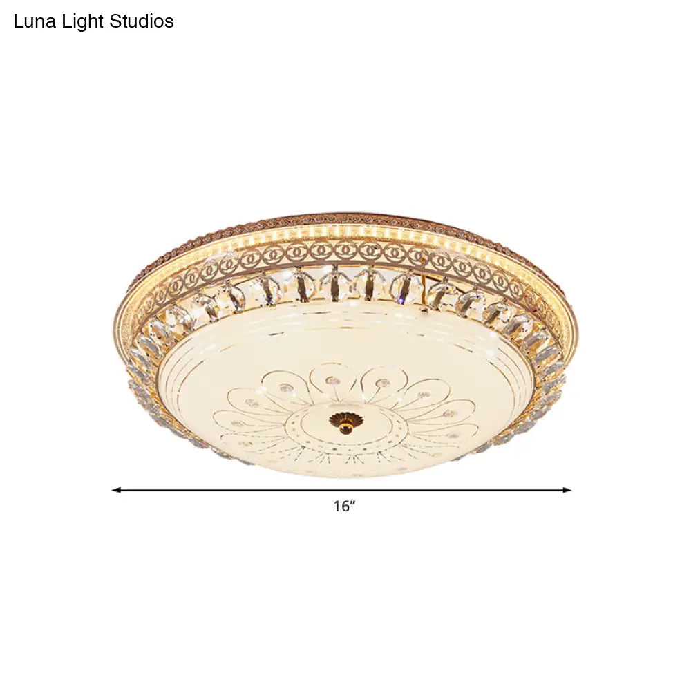 Modern Gold Flush Mount Ceiling Light With Opal Glass Led And Crystal Accent - 16’/19.5’ W