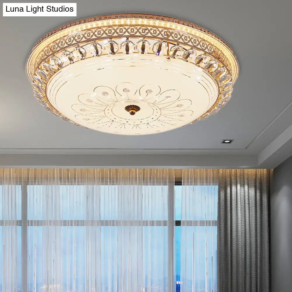 Modern Gold Flush Mount Ceiling Light With Opal Glass Led And Crystal Accent - 16’/19.5’ W