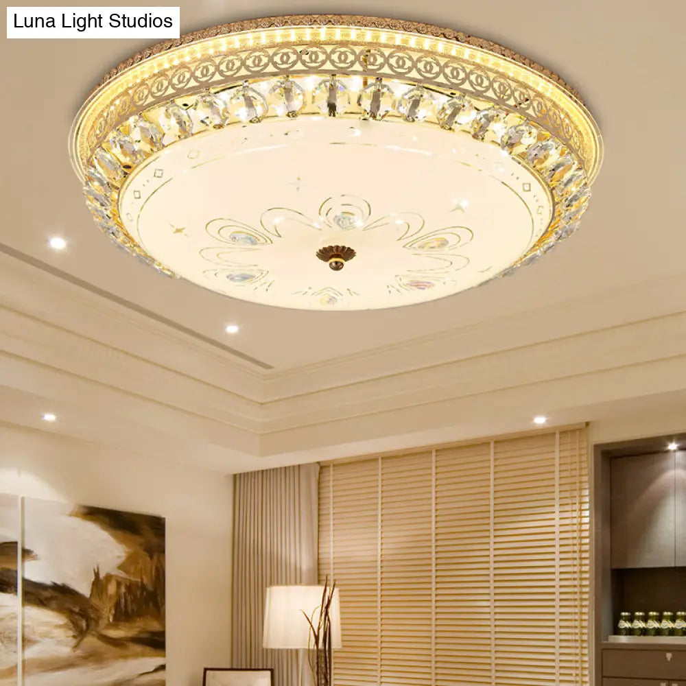 Modern Gold Flush Mount Ceiling Light With Opal Glass Led And Crystal Accent - 16’/19.5’ W