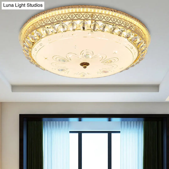Modern Gold Flush Mount Ceiling Light With Opal Glass Led And Crystal Accent - 16’/19.5’ W