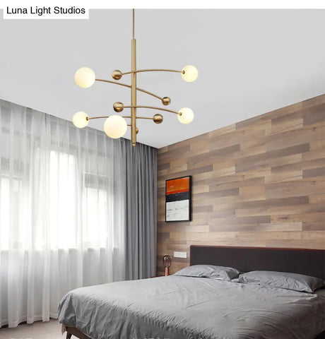Modern Gold Hanging Chandelier Light With Opal Glass Shade - 5 Ceiling Fixture For Bedroom
