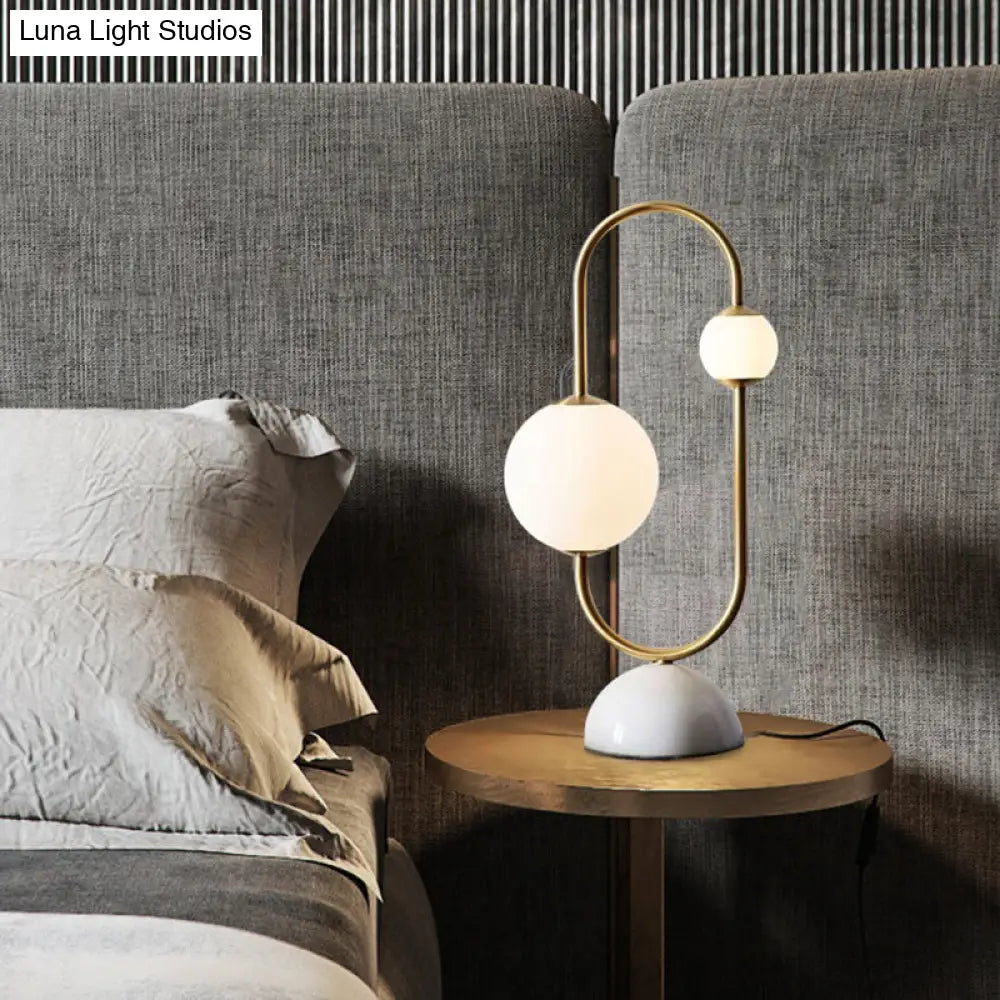Modern Gold Led Nightstand Lamp With Frosted Glass Shades Marble Dome Base 2 Heads