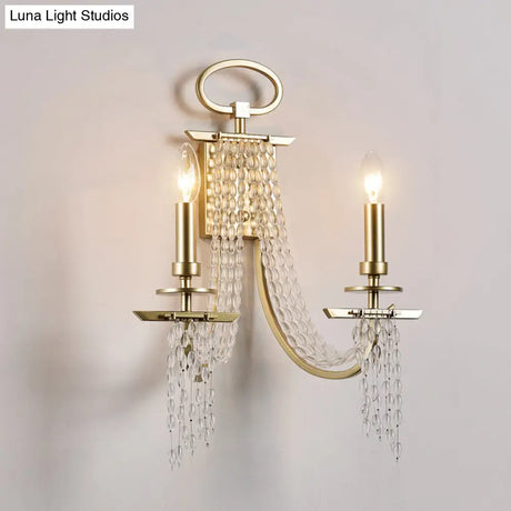 Modern Gold Metal Candle Wall Sconce With Crystal Tassel - Luxurious 2-Head Light