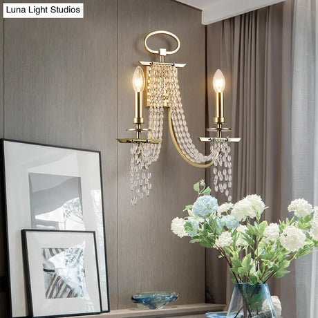 Modern Gold Metal Candle Wall Sconce With Crystal Tassel - Luxurious 2-Head Light