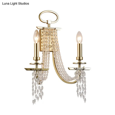Modern Gold Metal Candle Wall Sconce With Crystal Tassel - Luxurious 2-Head Light