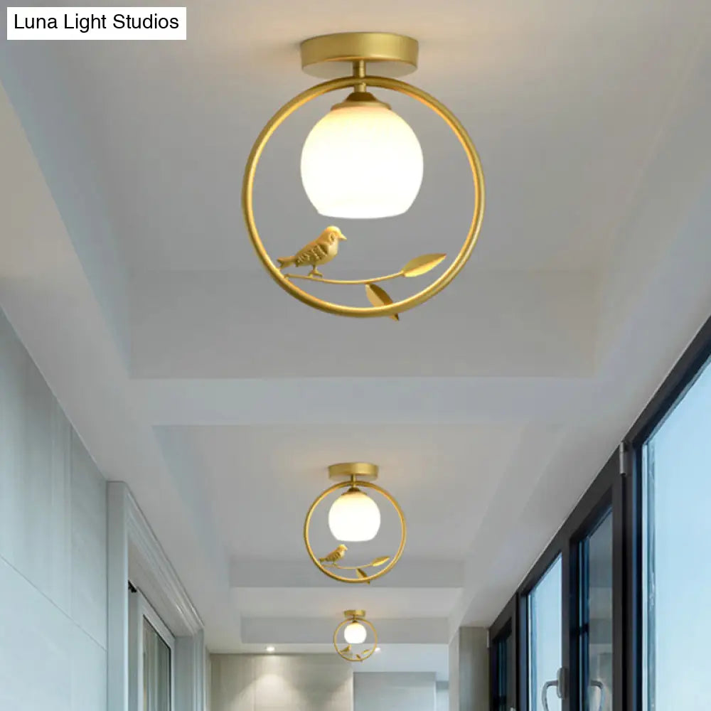 Modern Gold Metal Ring Flush Mount With Glass Dome Lampshade And 1 Bulb