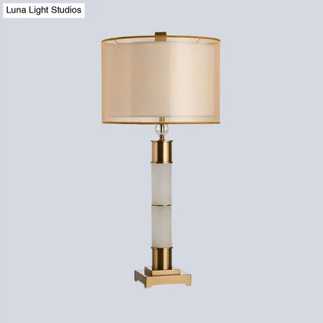 Modern Gold Metal Table Lamp: Fabric Drum Nightstand Lighting For Living Room