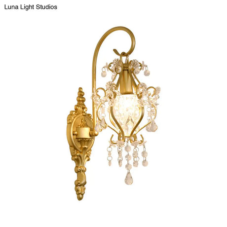 Modern Gold Metal Wall Sconce Light With Crystal Drop - 1 Corridor