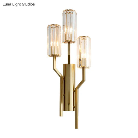 Modern Gold Metal Wall Sconce With Crystal Cylindrical Shade 3 Bulb Crooked Arm Lamp