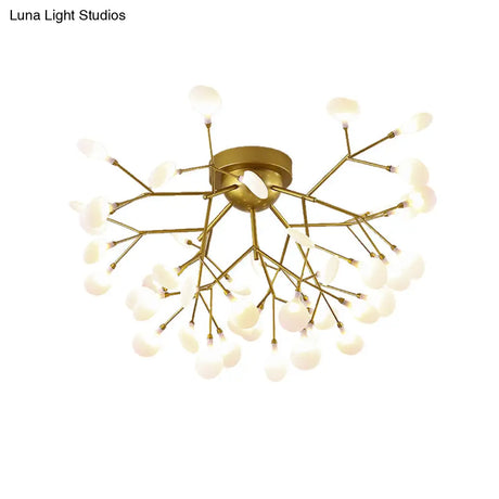 Modern Gold Multi - Head Semi Flush Ceiling Light For Hotels - Creative Plant - Shaped Metal Fixture