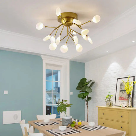 Modern Gold Multi - Head Semi Flush Ceiling Light For Hotels - Creative Plant - Shaped Metal